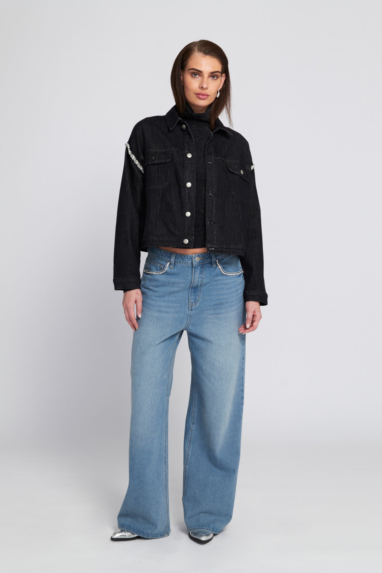 Rhinestone Trim Denim Jacket
