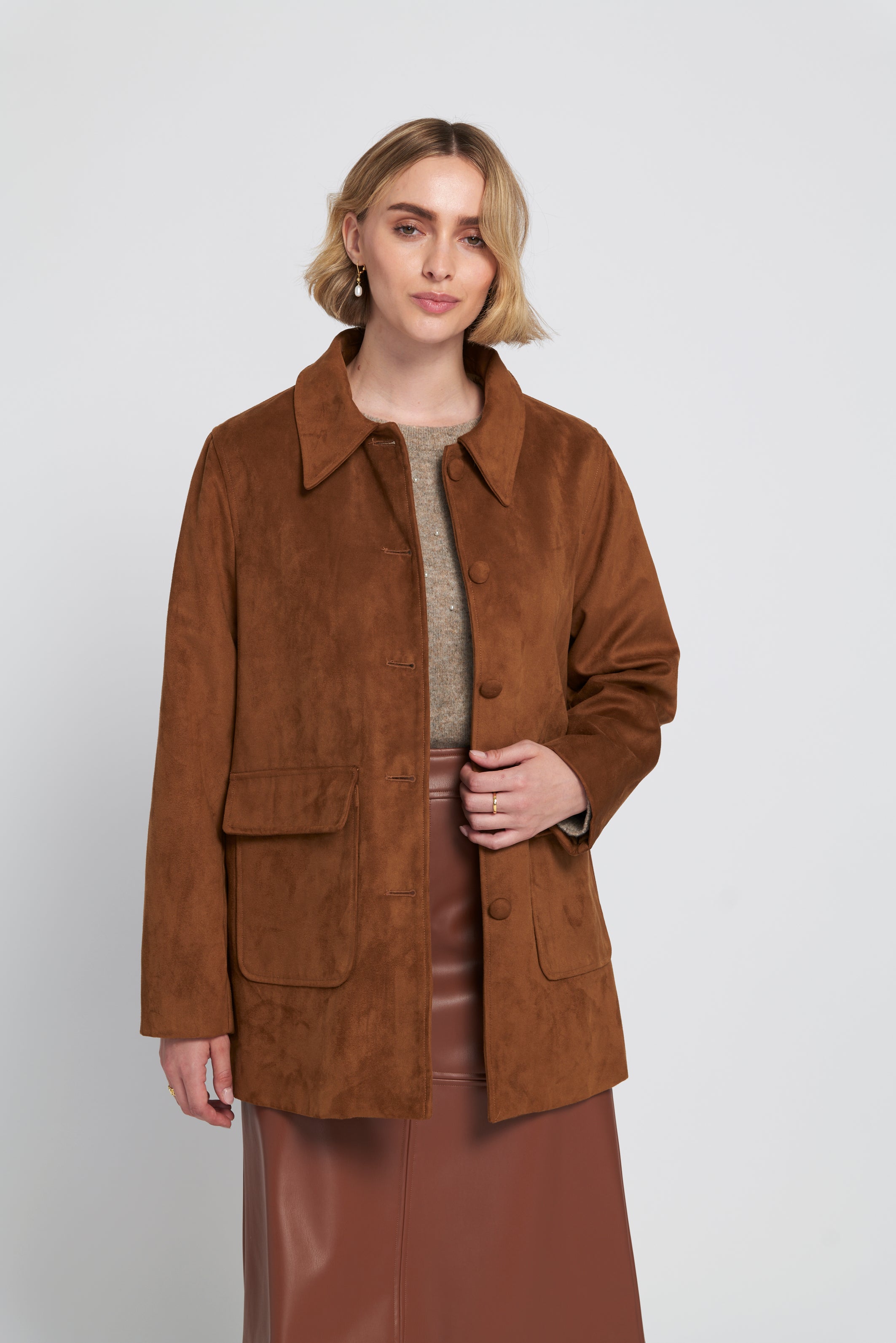 【eL】Suede Single Coat Helsa Suede Trench Coat in Saddle Brown | FWRD