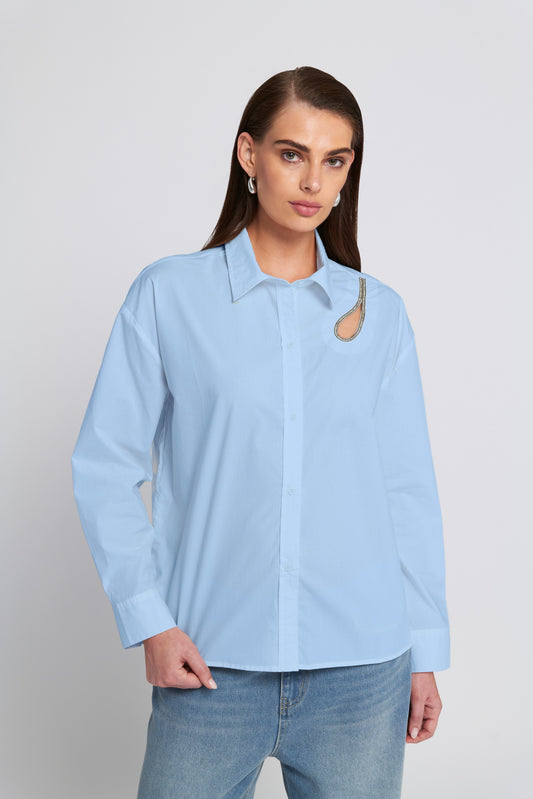 Rhinestone Trim Cutout Shirt