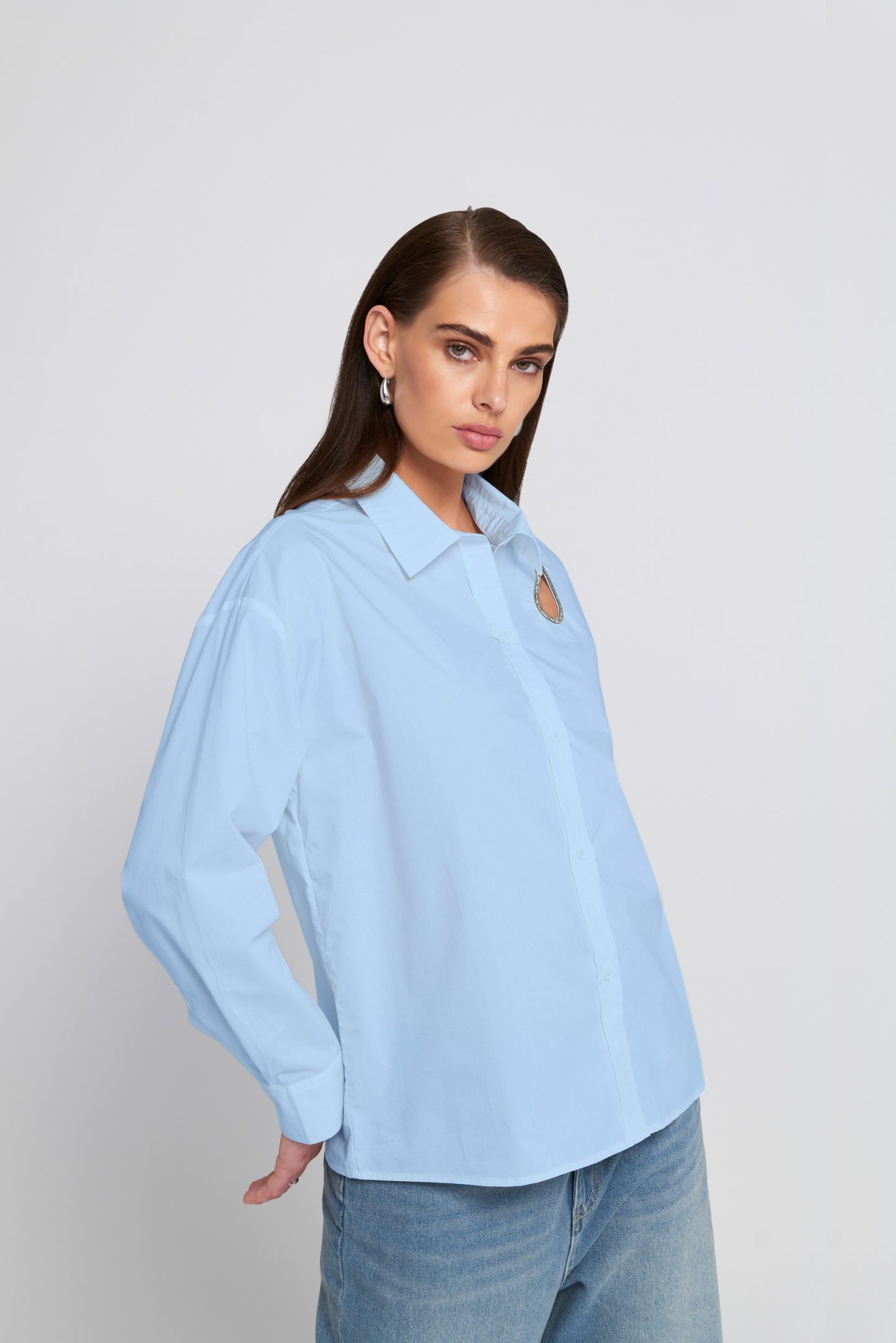 Rhinestone Trim Cutout Shirt