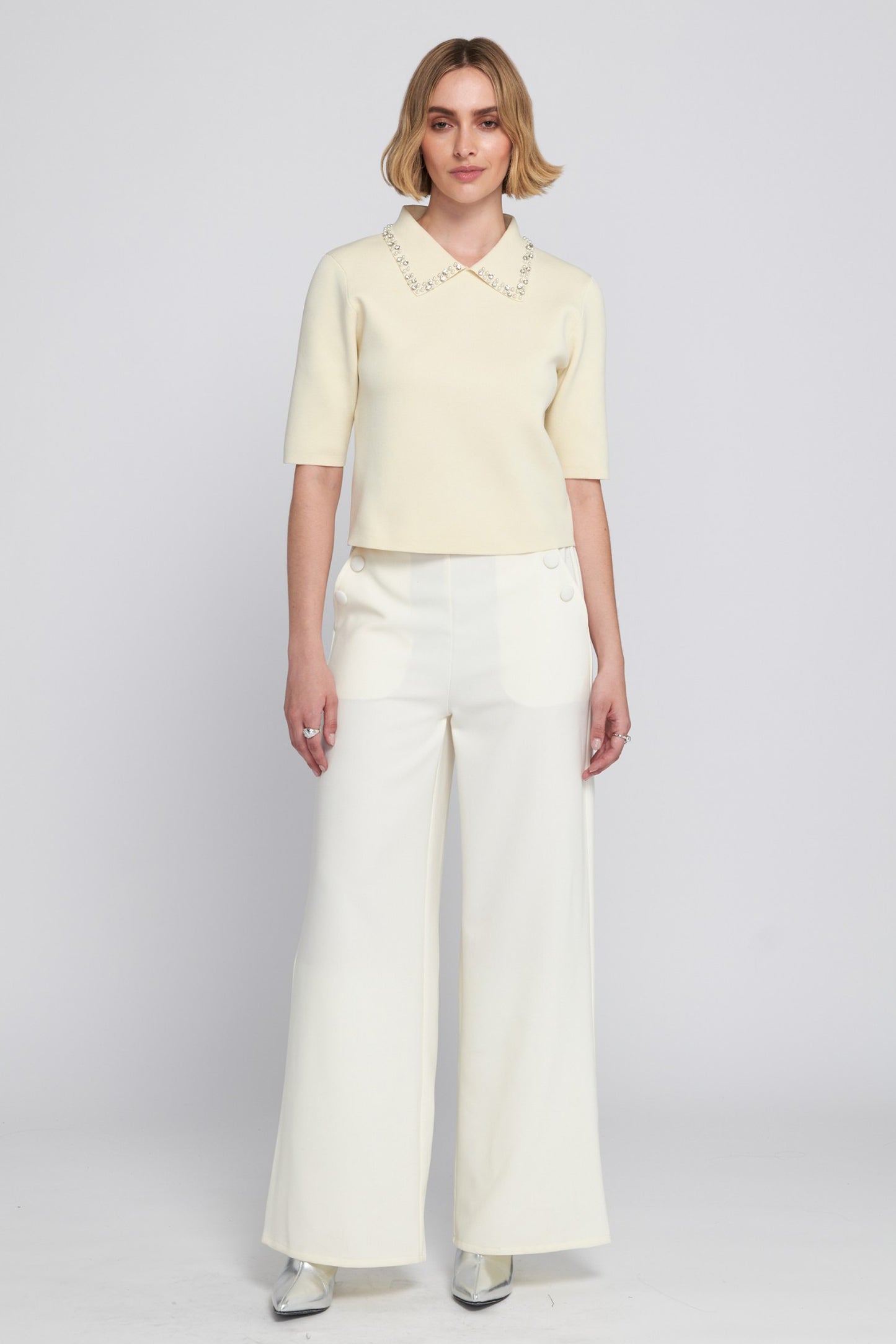 Wide Leg Trouser With Self Covered Buttons