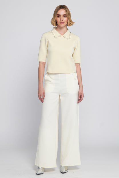 Wide Leg Trouser With Self Covered Buttons