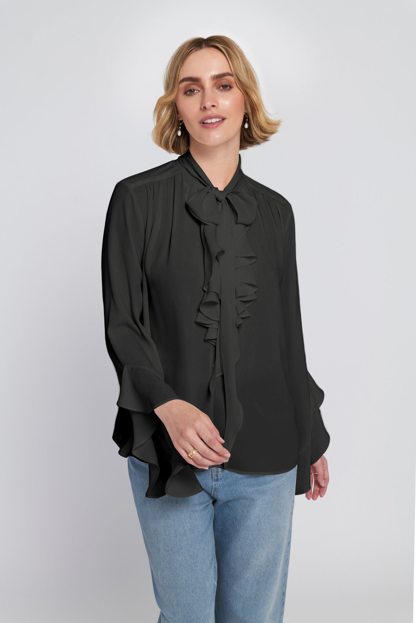 Flounce-Trimmed Tie-Neck Blouse