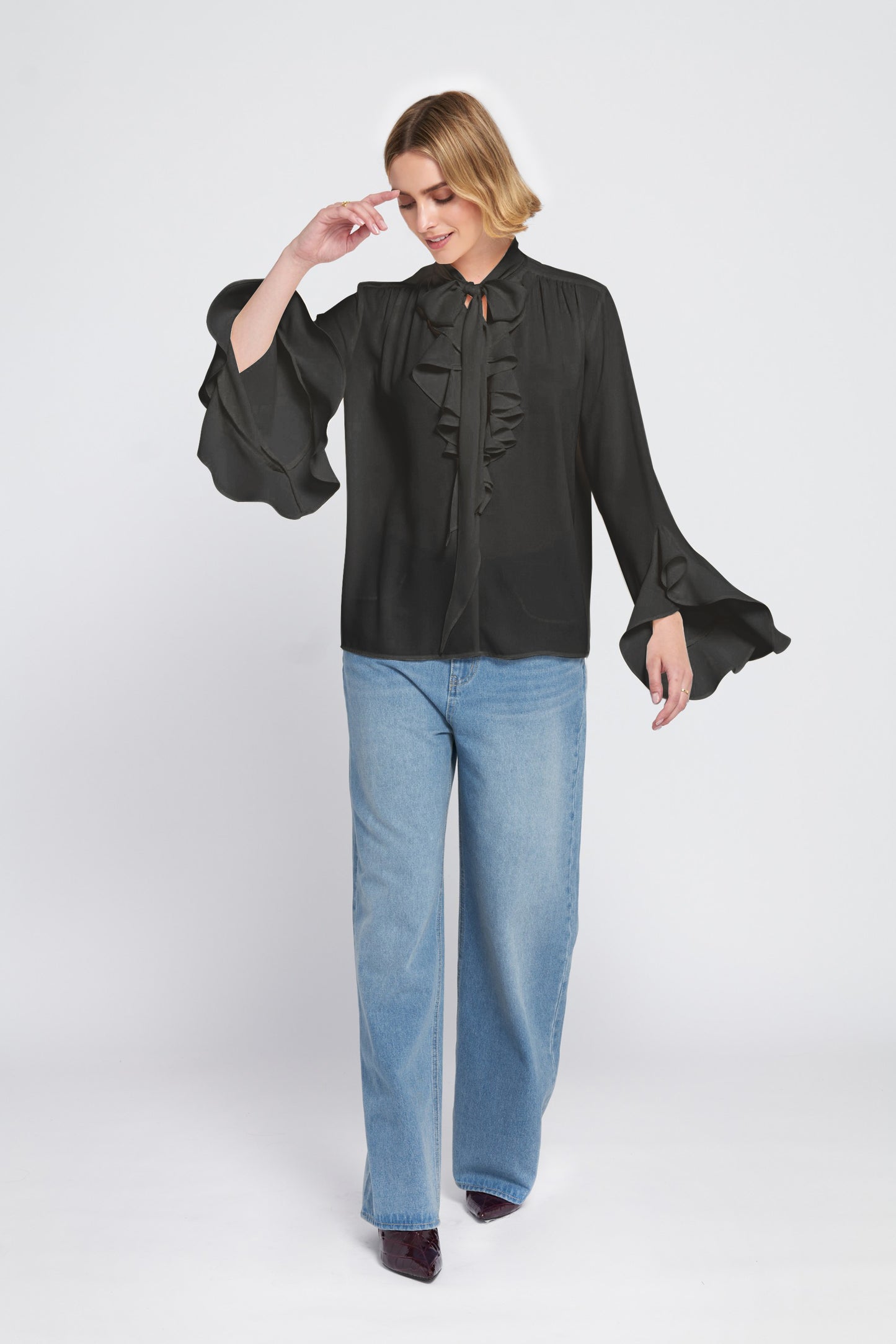 Flounce-Trimmed Tie-Neck Blouse