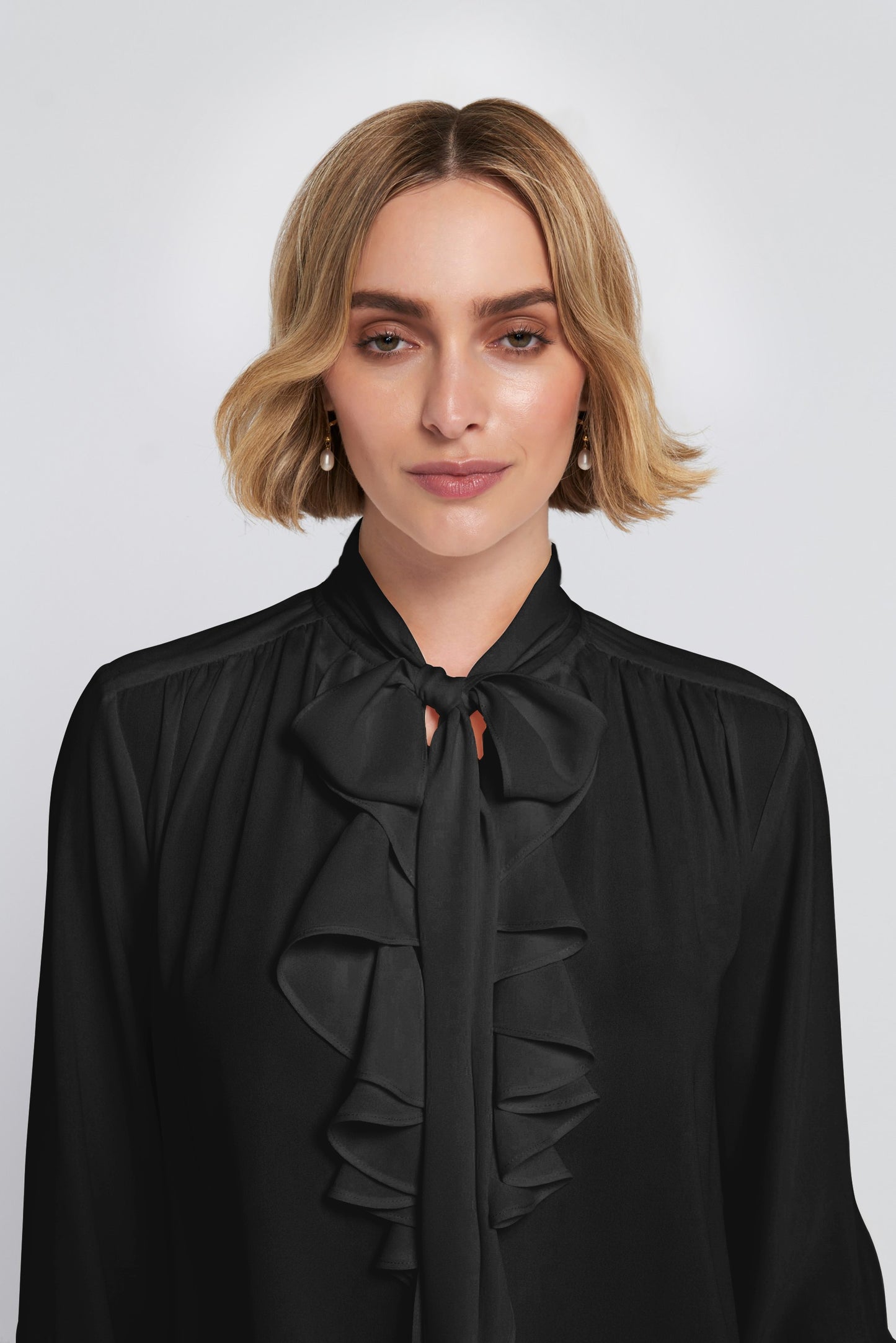 Flounce-Trimmed Tie-Neck Blouse