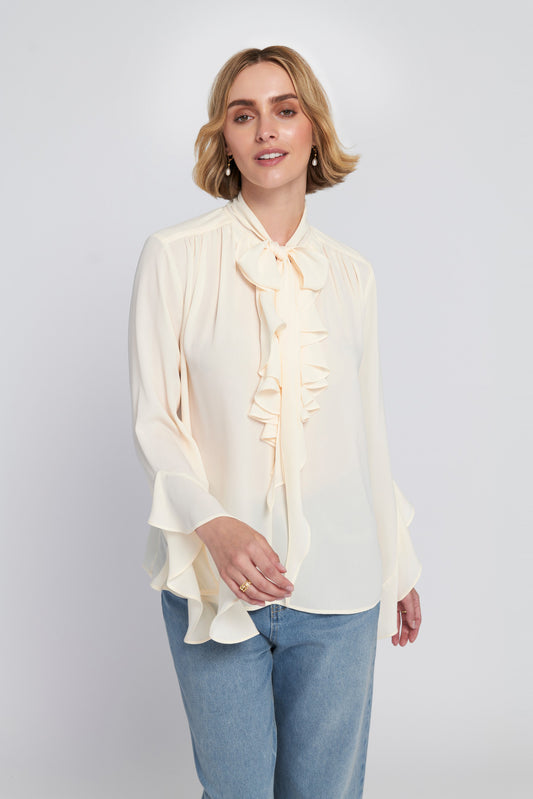 Flounce-Trimmed Tie-Neck Blouse