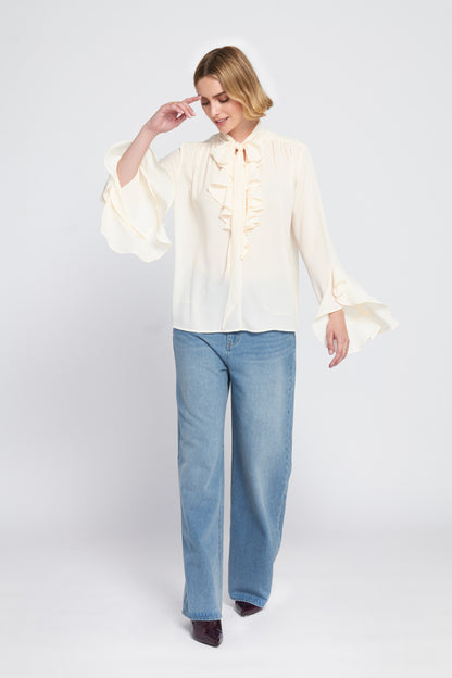 Flounce-Trimmed Tie-Neck Blouse