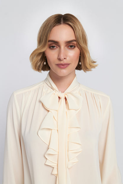 Flounce-Trimmed Tie-Neck Blouse