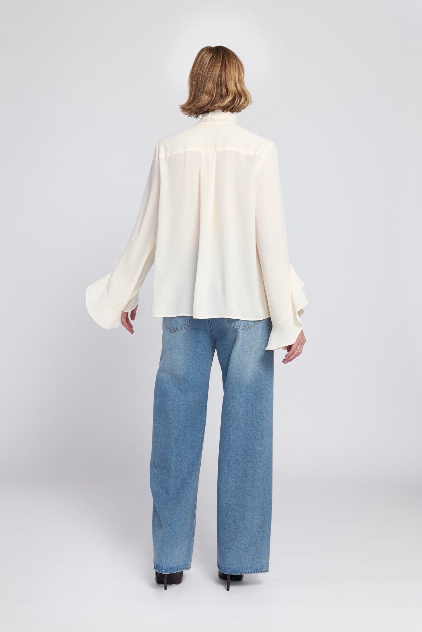 Flounce-Trimmed Tie-Neck Blouse