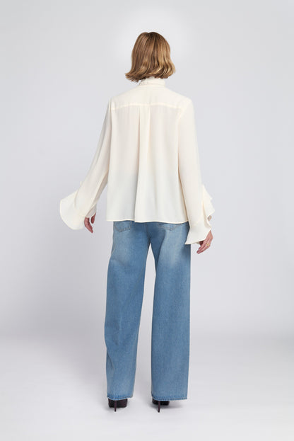 Flounce-Trimmed Tie-Neck Blouse