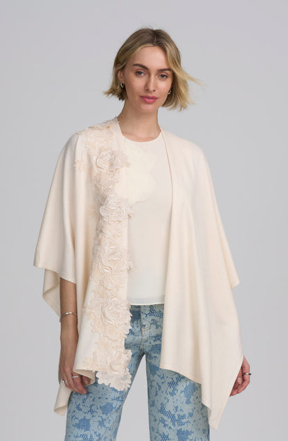 Fine Gauge Draped Cardigan With Lace Applique