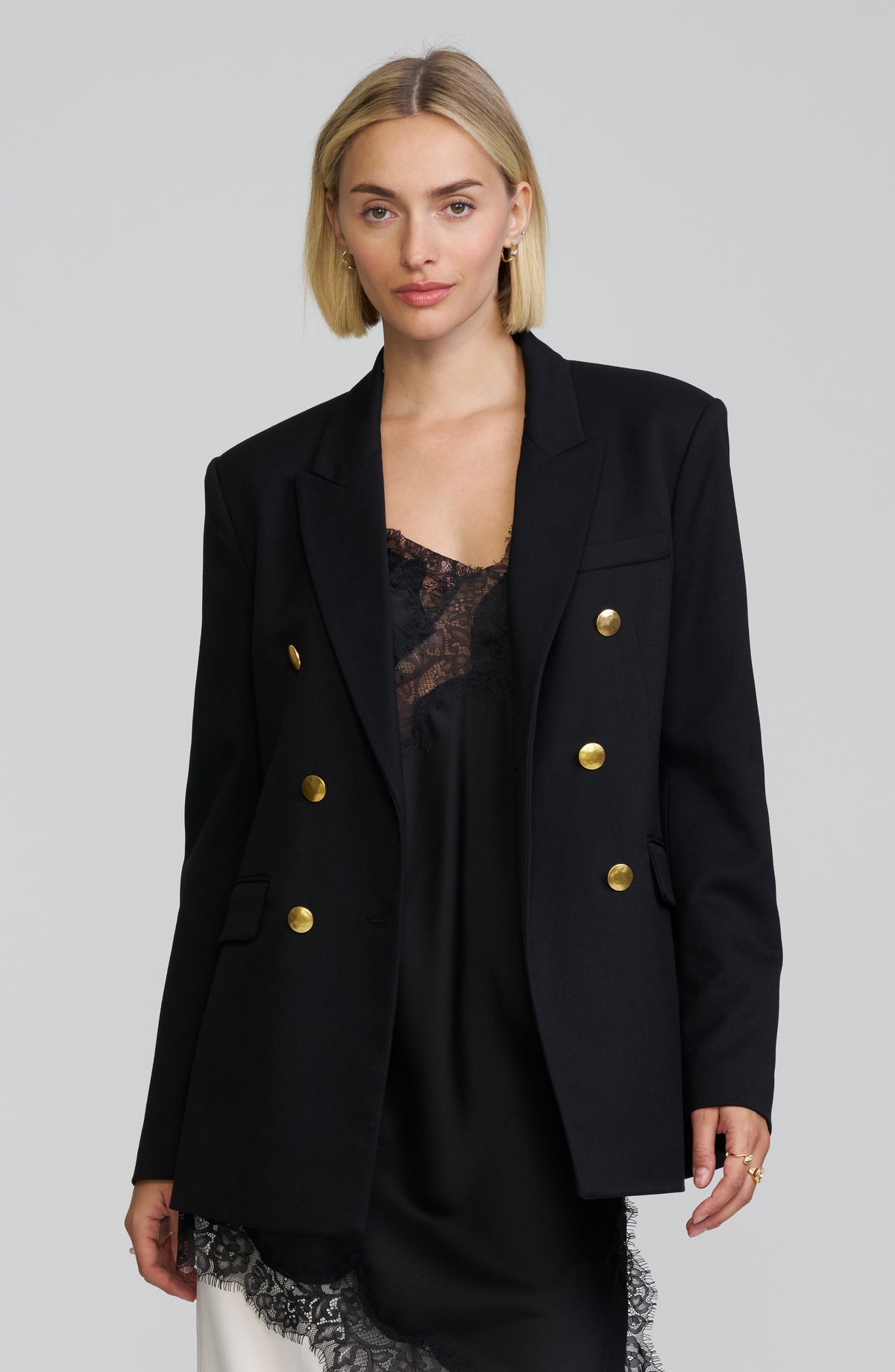 Gold-Button Double-Breasted Blazer