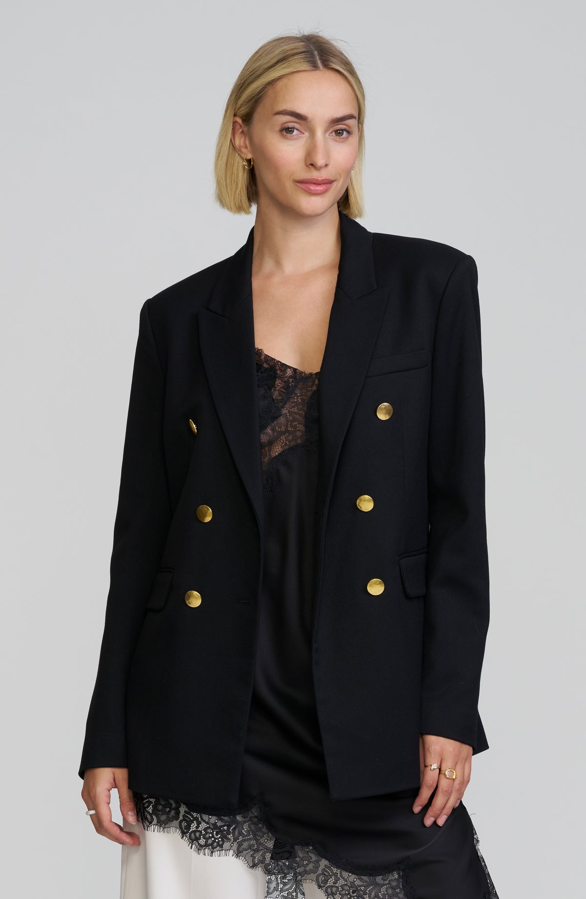 Gold-Button Double-Breasted Blazer