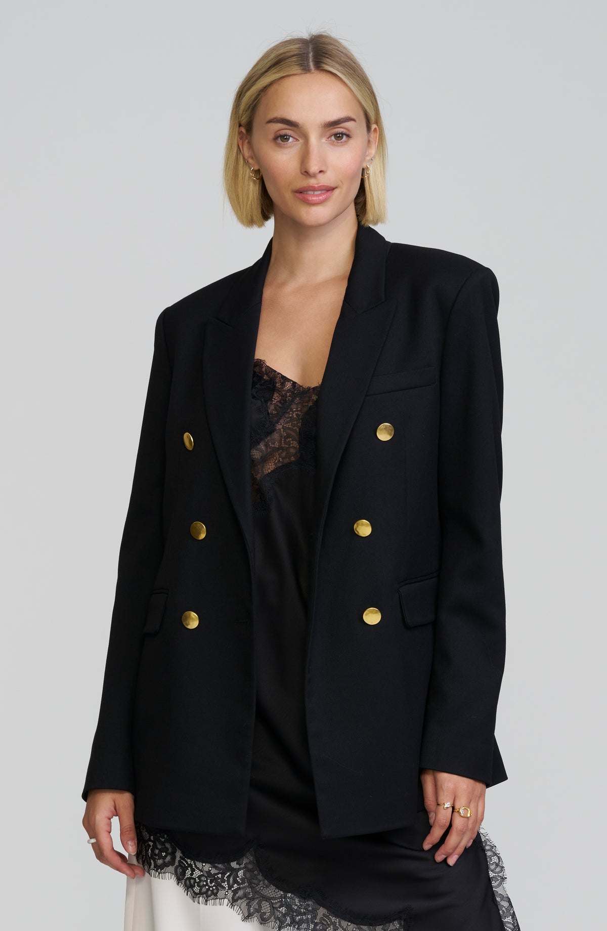 Gold-Button Double-Breasted Blazer