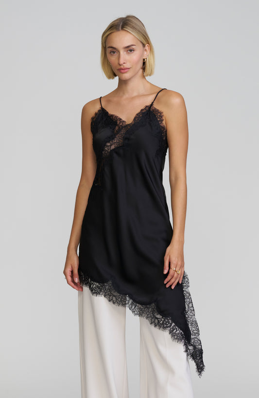 Asymmetric Lace-Trim Satin Cami