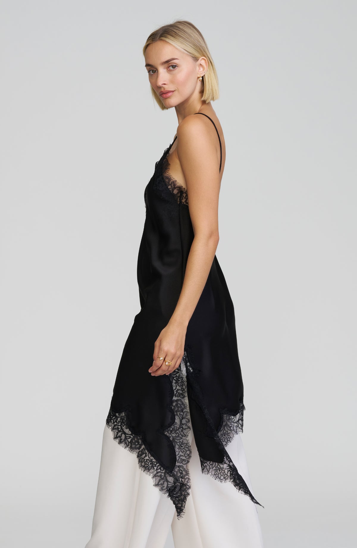 Asymmetric Lace-Trim Satin Cami