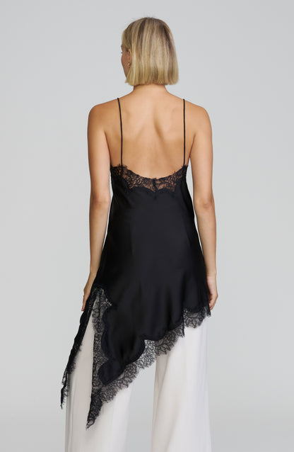 Asymmetric Lace-Trim Satin Cami