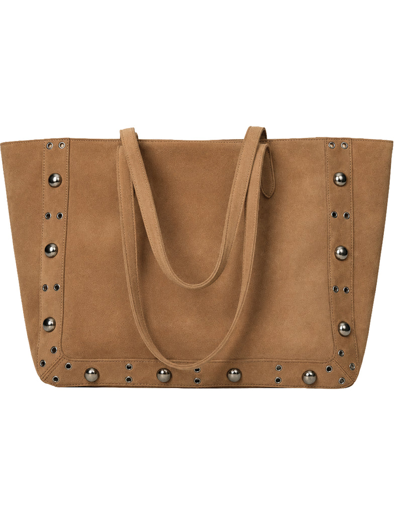 A tan suede tote bag with double shoulder straps and decorative silver-tone metal studs along the edges, shown against a plain white background.